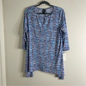 Clara Sun Woo Women’s Top Large Blue White Geometric 3/4 Sleeve Career NWT USA